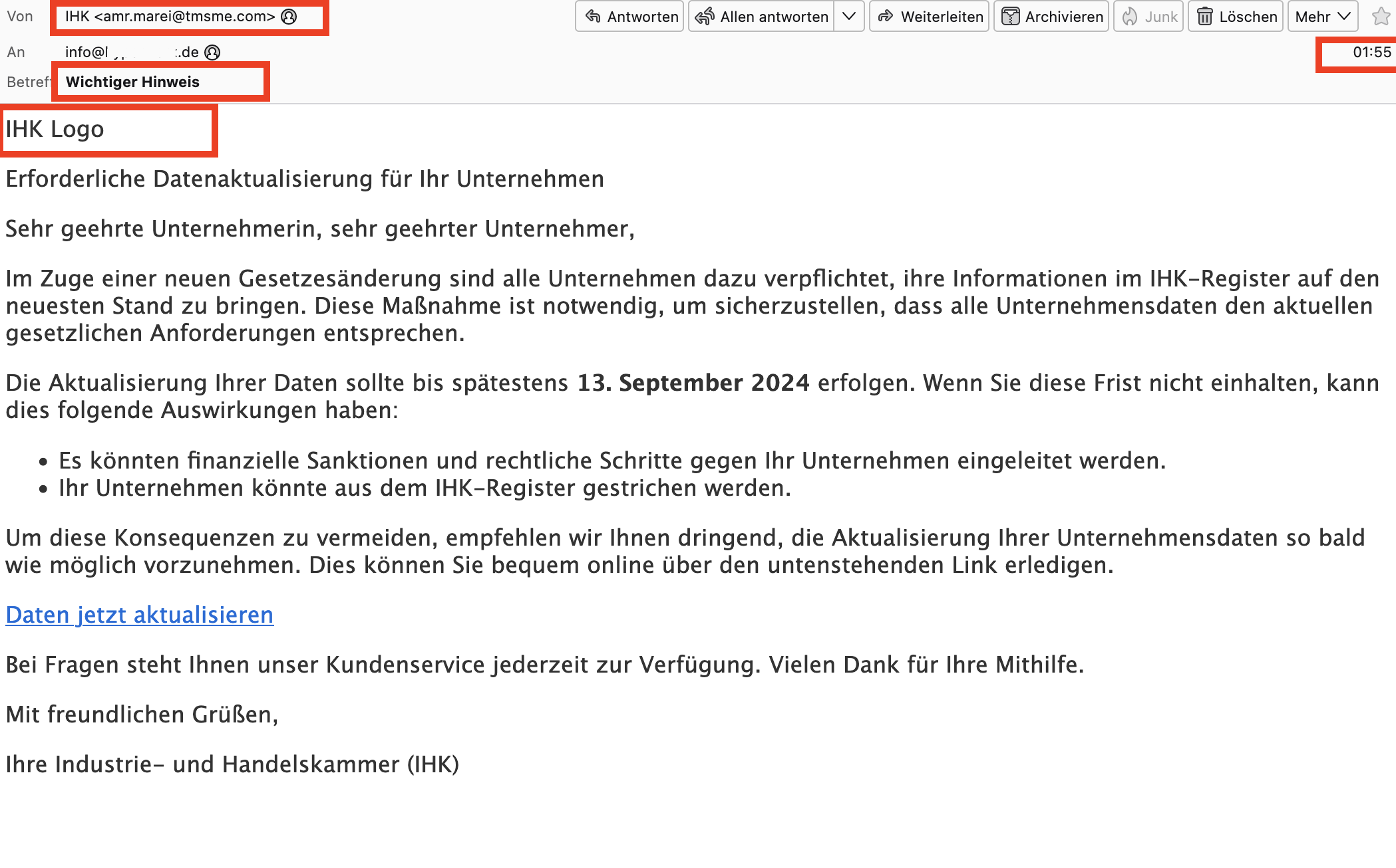 eMail mit offensichtlich falschen Absendedaten